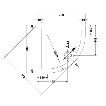 Rivato Slate Grey Quadrant Shower Tray, Corner Waste-700mm x 700mm