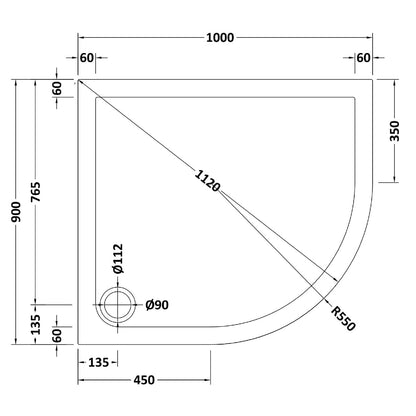 Rivato Slate Grey Left Hand Offset Quadrant Shower Tray, Corner Waste-1000mm x 900mm-Right Handed