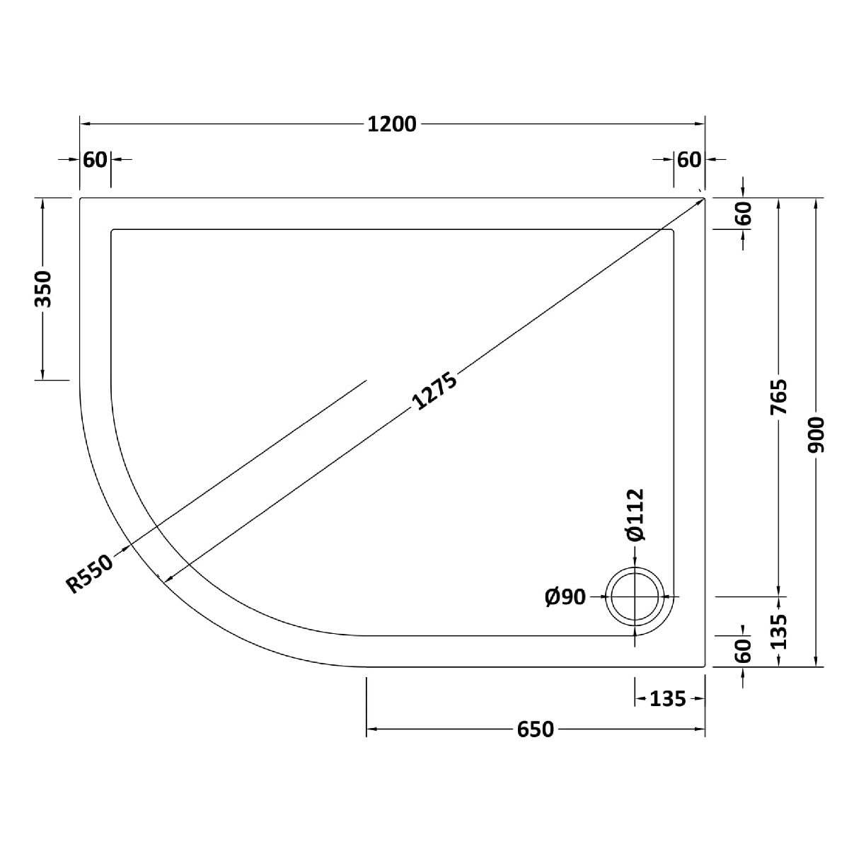 Rivato Slate Grey Left Hand Offset Quadrant Shower Tray, Corner Waste-1200mm x 900mm-Left Handed