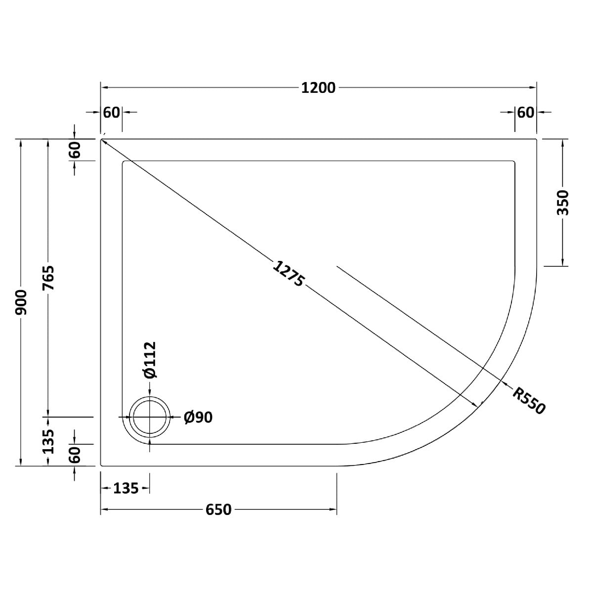 Rivato Slate Grey Left Hand Offset Quadrant Shower Tray, Corner Waste-1200mm x 900mm-Right Handed