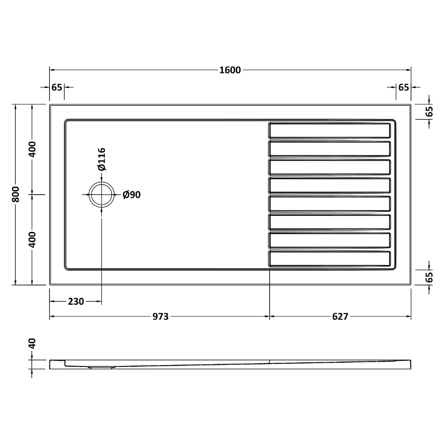 Rivato Slate Grey Walk In Shower Tray, End Waste-1600mm x 800mm