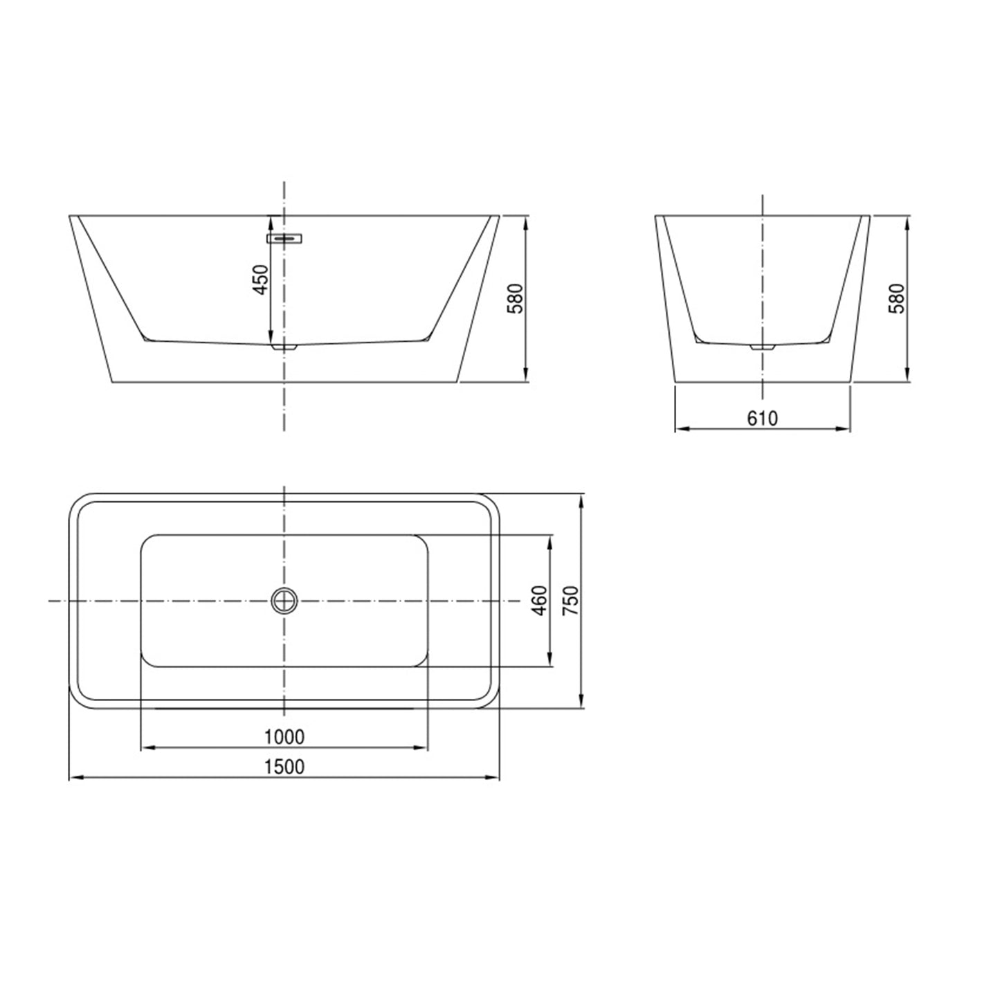 Rivato Turin 1500mm x 750mm x 580mm Gloss White Freestanding Shower Bath