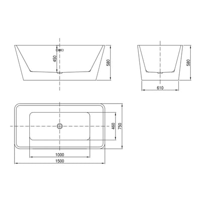 Rivato Turin 1500mm x 750mm x 580mm Gloss White Freestanding Shower Bath