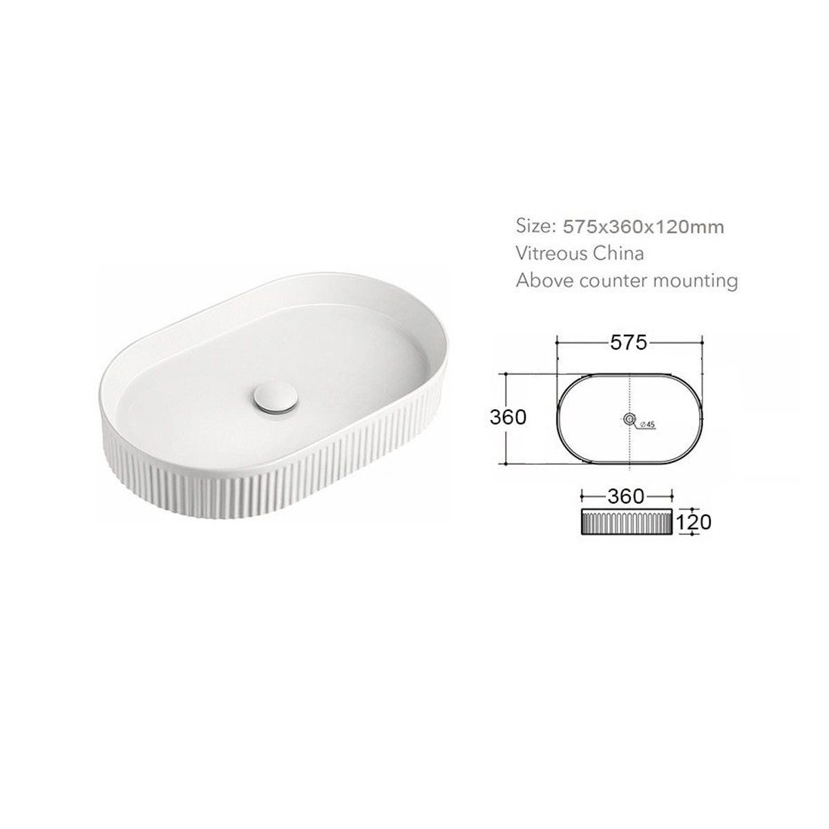 575 x 360mm Oval Fluted Vessel
