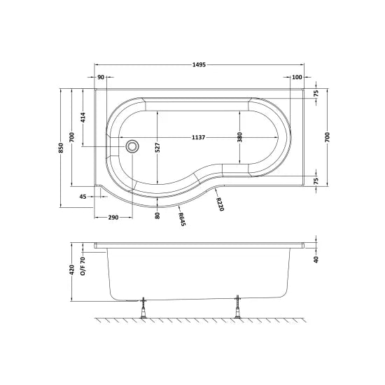 Fairford 1500 x 850mm Left Hand P Shaped Shower Bath