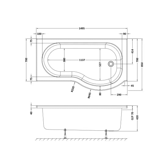 Fairford 1500 x 850mm Right Hand P Shaped Shower Bath