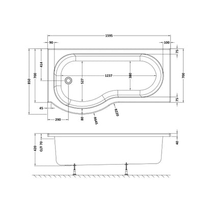 Fairford 1600 x 850mm Left Hand P Shaped Shower Bath