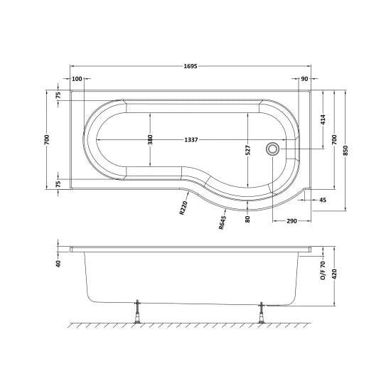 Fairford 1700 x 850mm Right Hand P Shaped Shower Bath