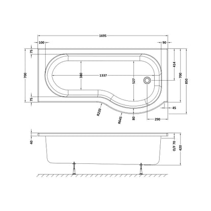Fairford 1700 x 850mm Right Hand P Shaped Shower Bath