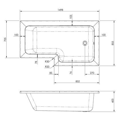 Fairford 1600 x 850mm L Shaped Right Hand Shower Bath