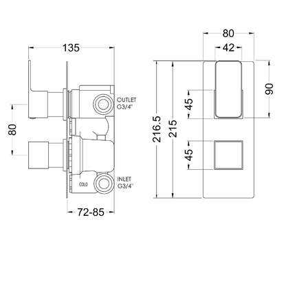 Fairford Una Grace Brushed Gun Metal Square Concealed Twin Shower Valve with Diverter, 2 Outlet