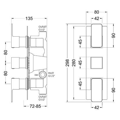 Fairford Una Grace Brushed Brass Square Concealed Triple Shower Valve, 2 Outlet