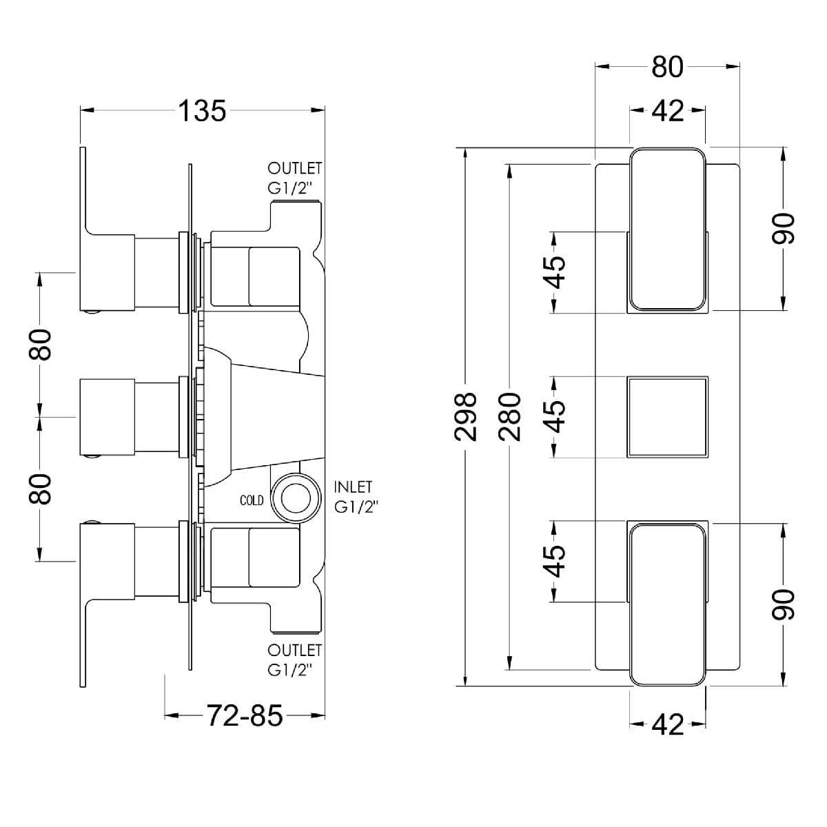 Fairford Una Grace Chrome Square Concealed Triple Shower Valve, 2 Outlet