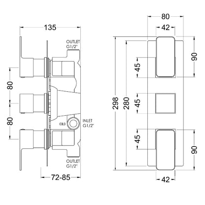Fairford Una Grace Chrome Square Concealed Triple Shower Valve, 2 Outlet