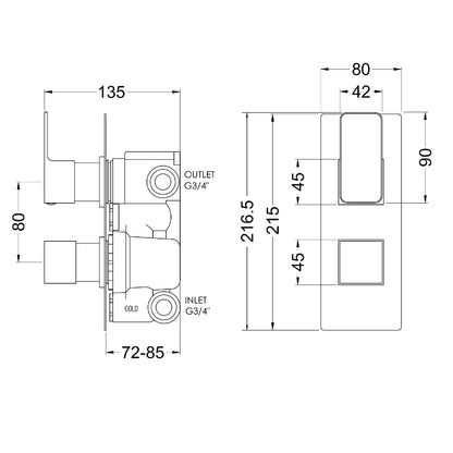 Fairford Una Grace Chrome Square Concealed Twin Shower Valve with Diverter, 2 Outlet