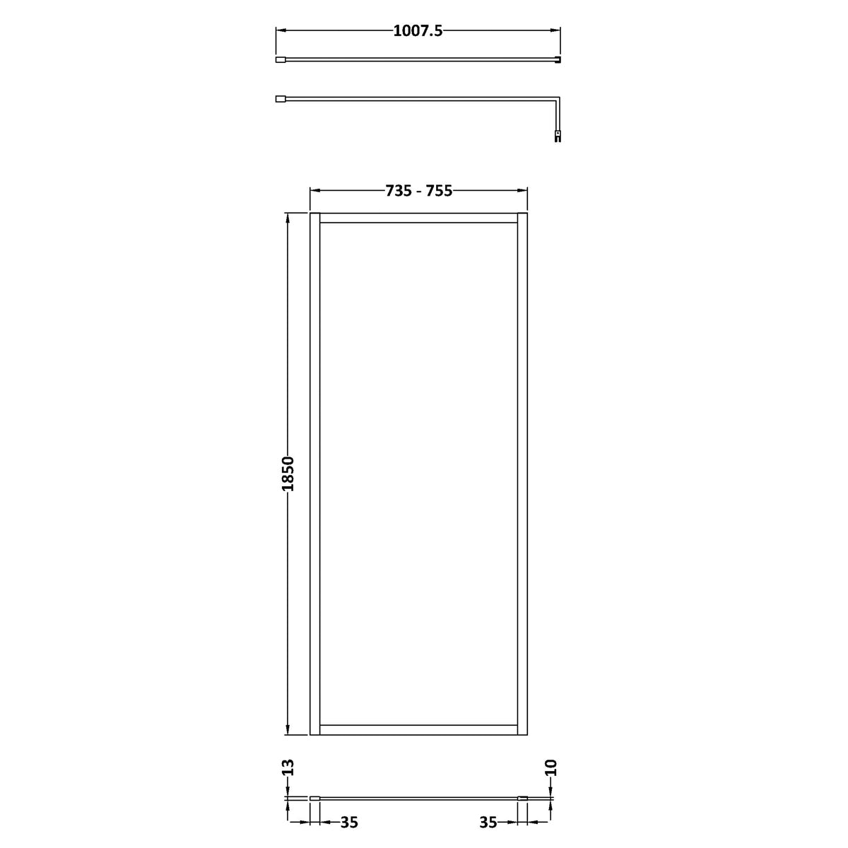 Fairford 760mm Matt Black Fully Framed 8mm Wetroom Screen - 1850mm High