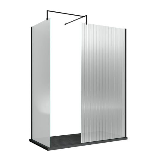 Fairford 800mm Matt Black Fluted 8mm Wetroom Screen - 1850mm High