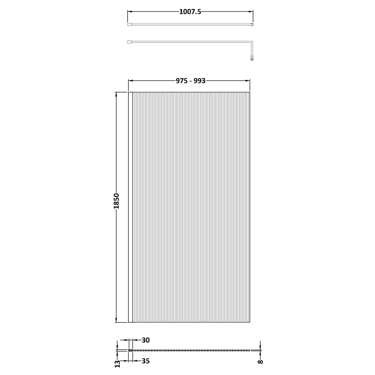 Fairford 1000mm Brushed Brass Fluted 8mm Wetroom Screen - 1850mm High