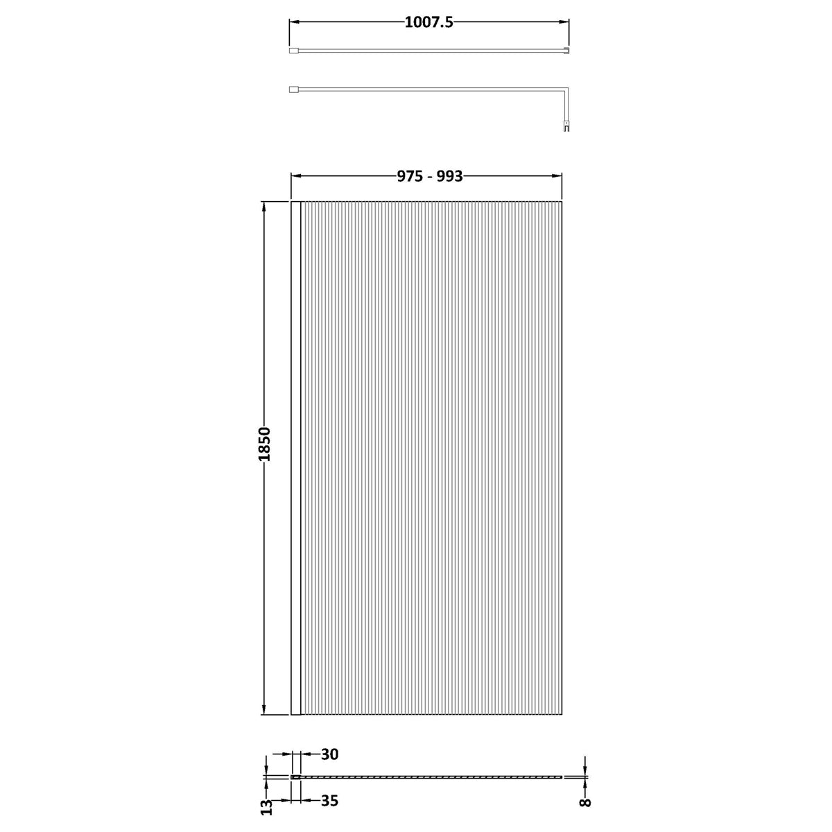Fairford 1000mm Matt Black Fluted 8mm Wetroom Screen - 1850mm High