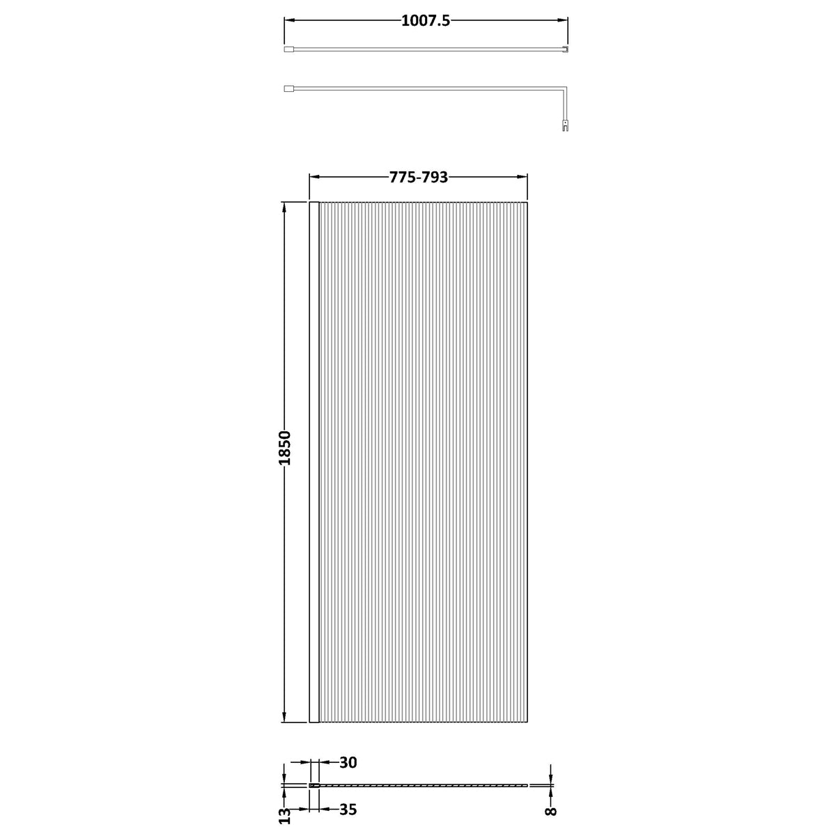 Fairford 800mm Matt Black Fluted 8mm Wetroom Screen - 1850mm High