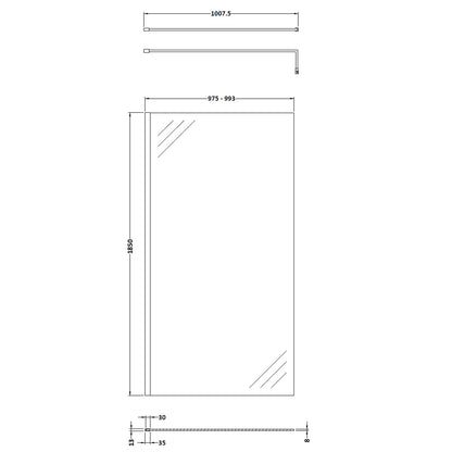 Fairford 1000mm Brushed Brass 8mm Wetroom Screen - 1850mm High