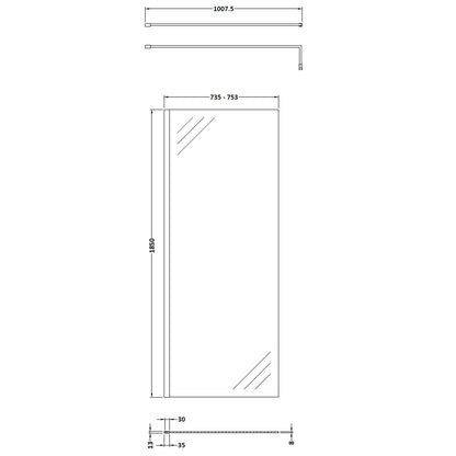 Fairford 760mm Brushed Brass 8mm Wetroom Screen - 1850mm High