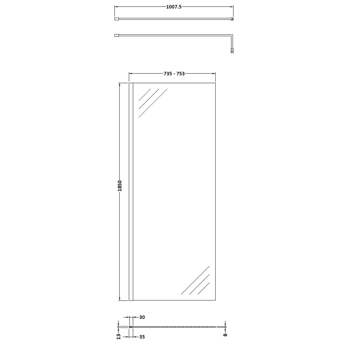 Fairford 760mm Matt Black 8mm Wetroom Screen - 1850mm High