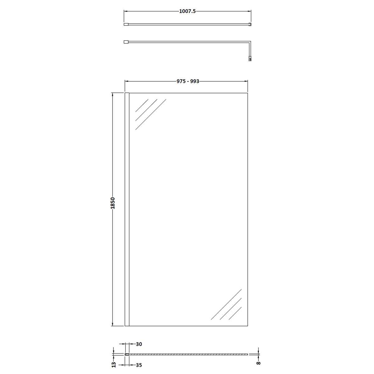 Fairford 1000mm Matt Black 8mm Wetroom Screen - 1850mm High