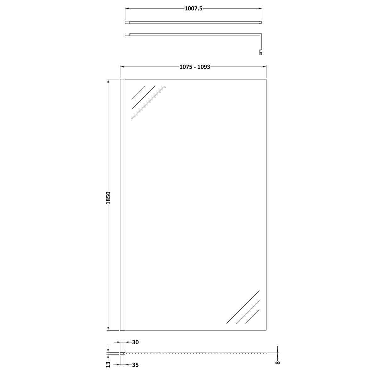 Fairford 1100mm Matt Black 8mm Wetroom Screen - 1850mm High