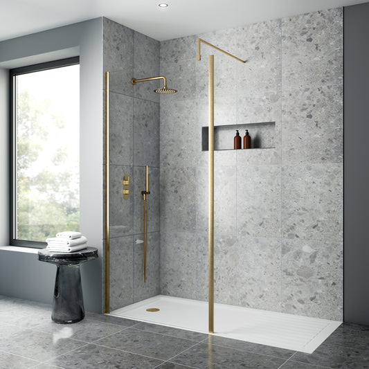 Fairford 1100mm Brushed Brass Vertically Framed 8mm Wetroom Screen - 1850mm High