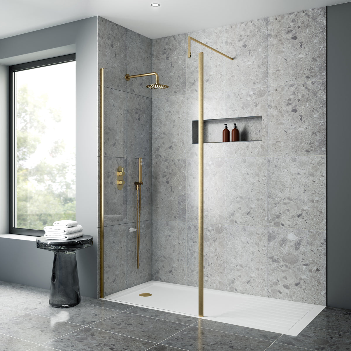 Fairford 1400mm Brushed Brass Vertically Framed 8mm Wetroom Screen - 1850mm High