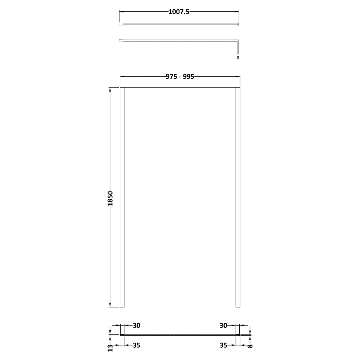Fairford 1000mm Brushed Brass Vertically Framed 8mm Wetroom Screen - 1850mm High