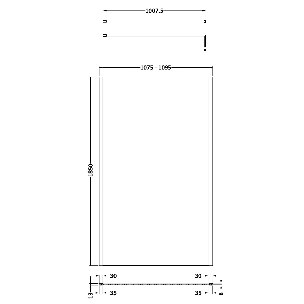 Fairford 1100mm Brushed Brass Vertically Framed 8mm Wetroom Screen - 1850mm High