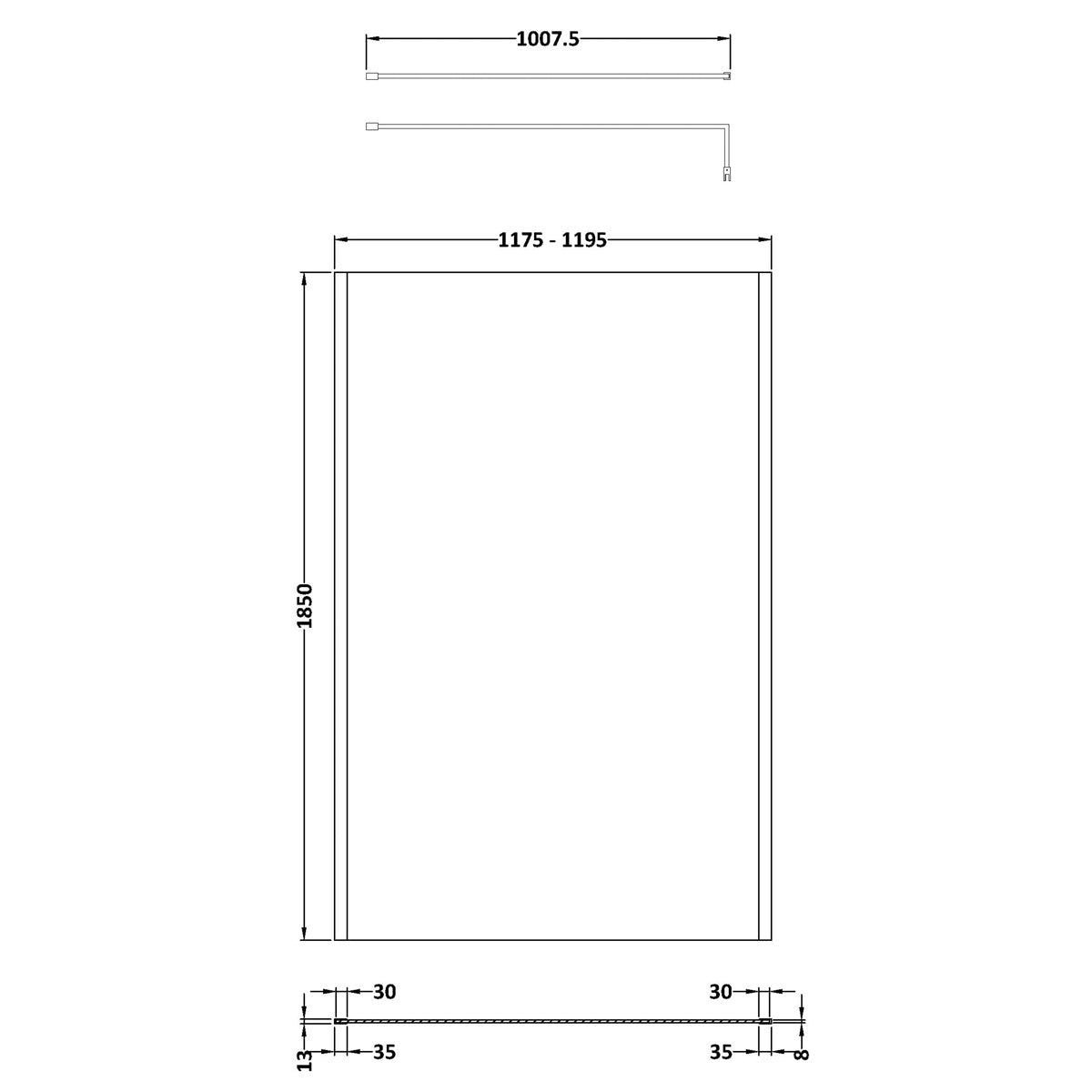 Fairford 1200mm Brushed Brass Vertically Framed 8mm Wetroom Screen - 1850mm High