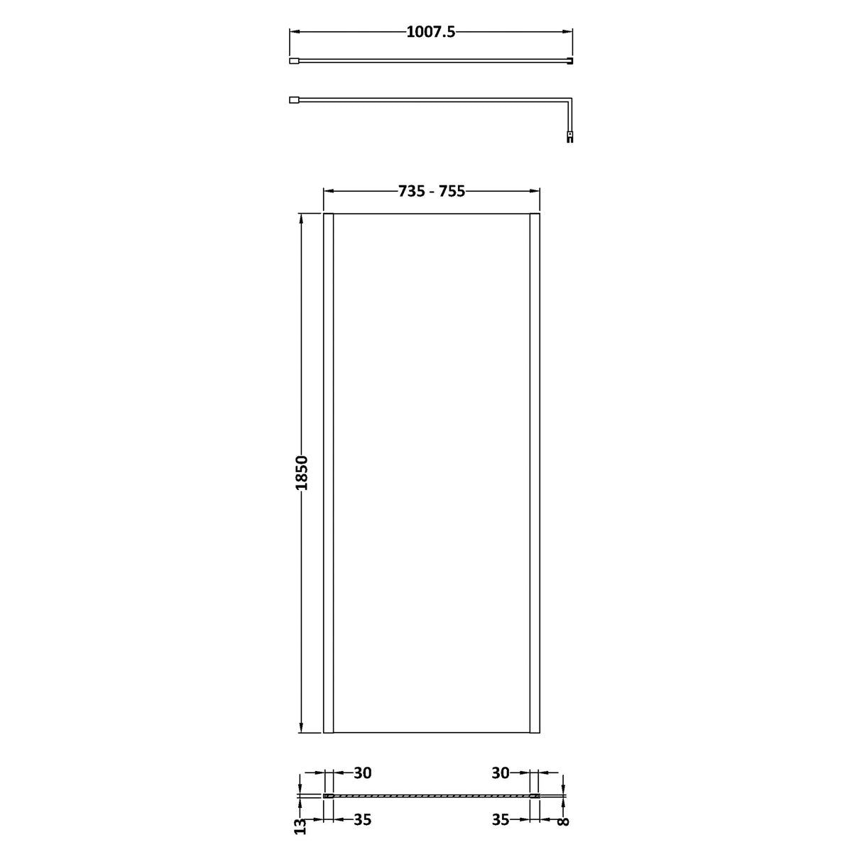 Fairford 760mm Brushed Brass Vertically Framed 8mm Wetroom Screen - 1850mm High