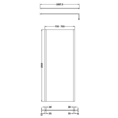 Fairford 760mm Brushed Brass Vertically Framed 8mm Wetroom Screen - 1850mm High