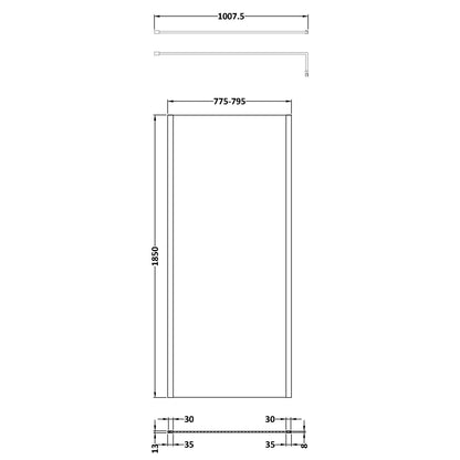 Fairford 800mm Brushed Brass Vertically Framed 8mm Wetroom Screen - 1850mm High