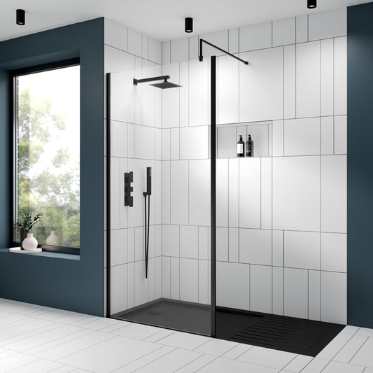 Fairford 1400mm Matt Black Vertically Framed 8mm Wetroom Screen - 1850mm High
