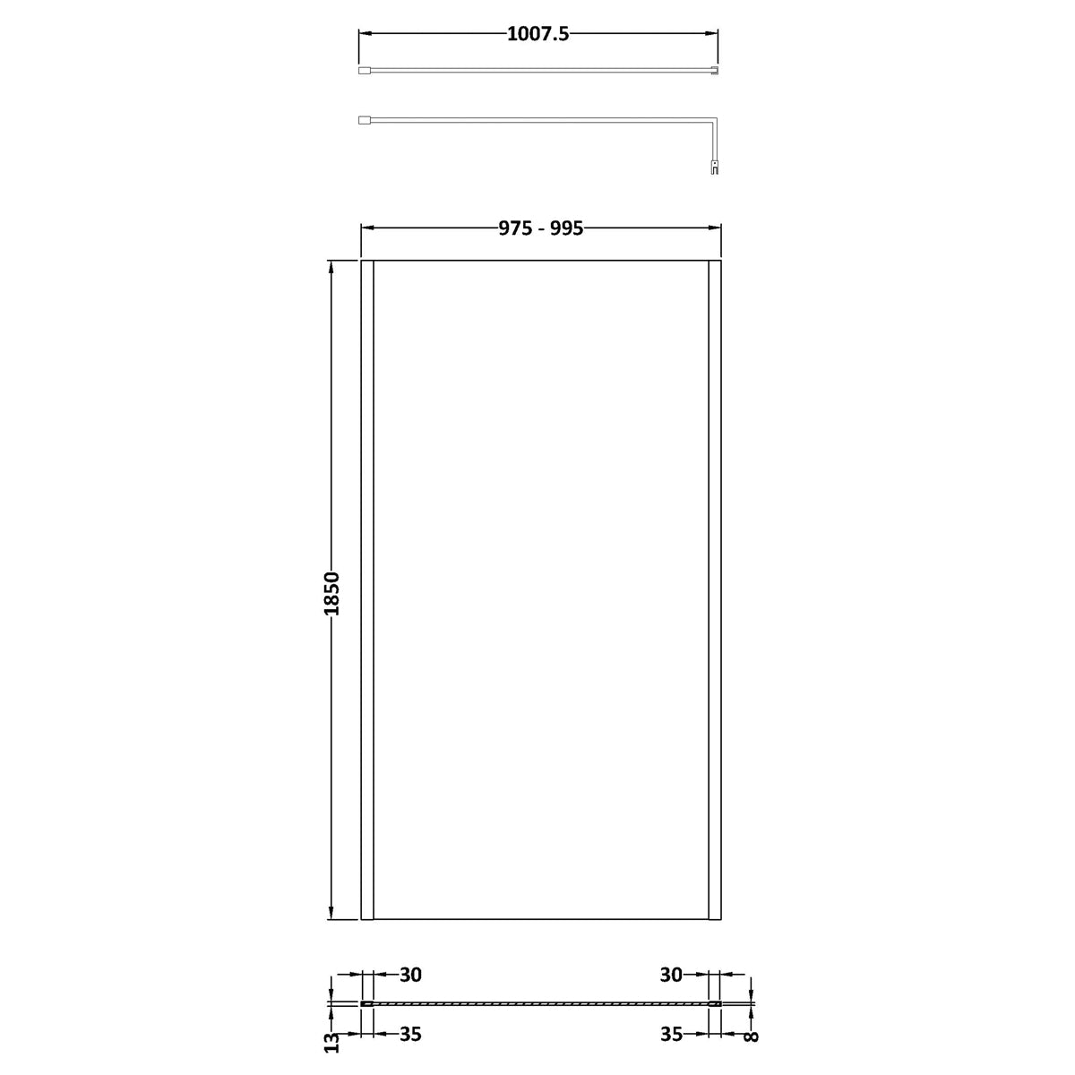 Fairford 1000mm Matt Black Vertically Framed 8mm Wetroom Screen - 1850mm High