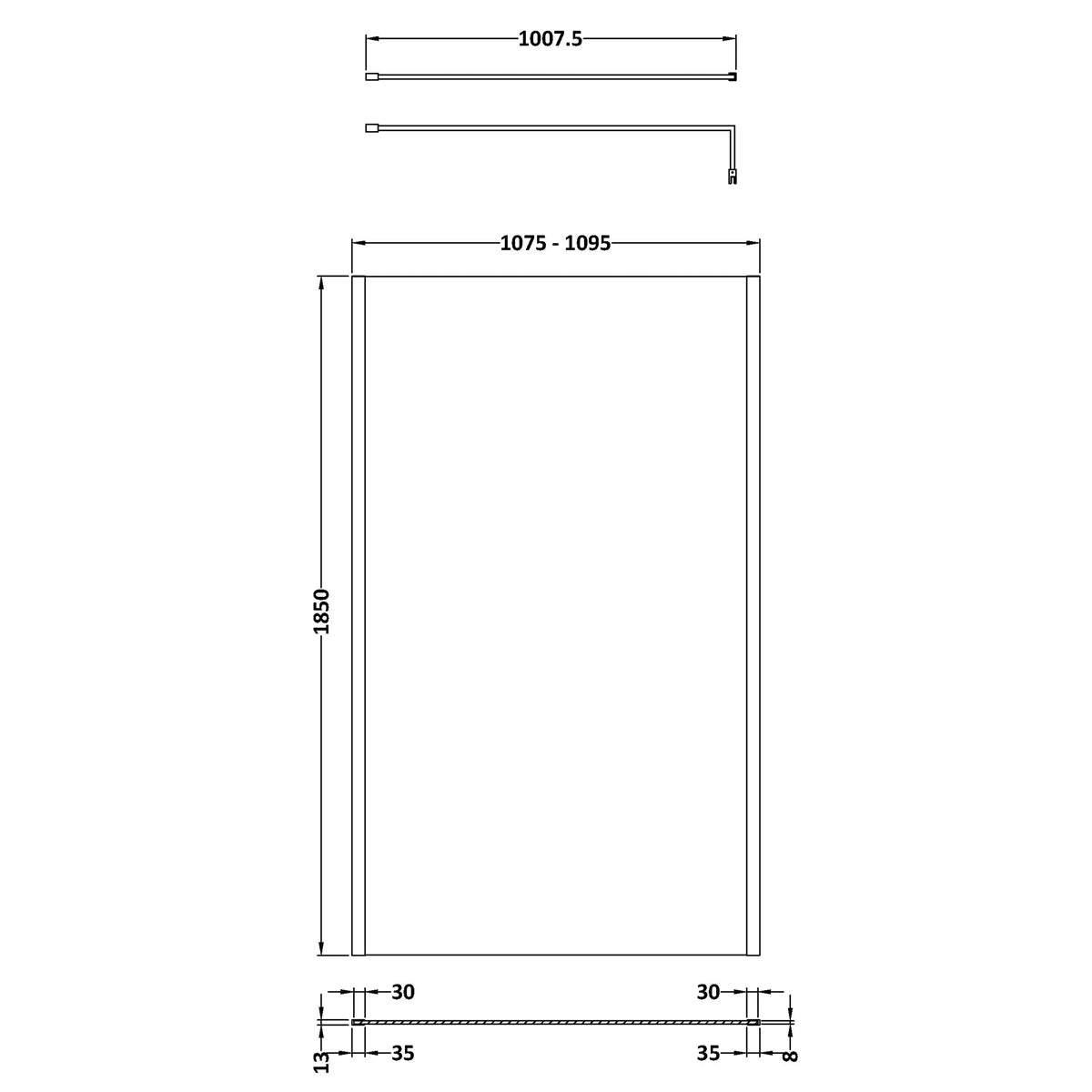 Fairford 1100mm Matt Black Vertically Framed 8mm Wetroom Screen - 1850mm High