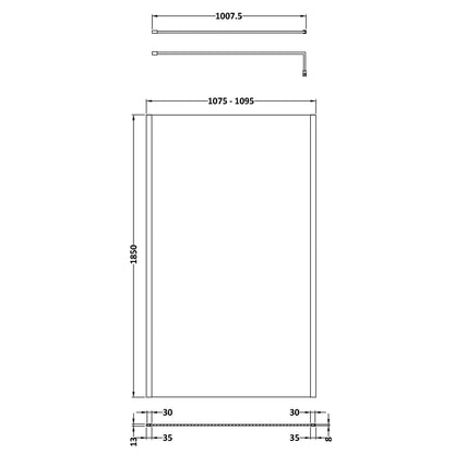Fairford 1100mm Matt Black Vertically Framed 8mm Wetroom Screen - 1850mm High