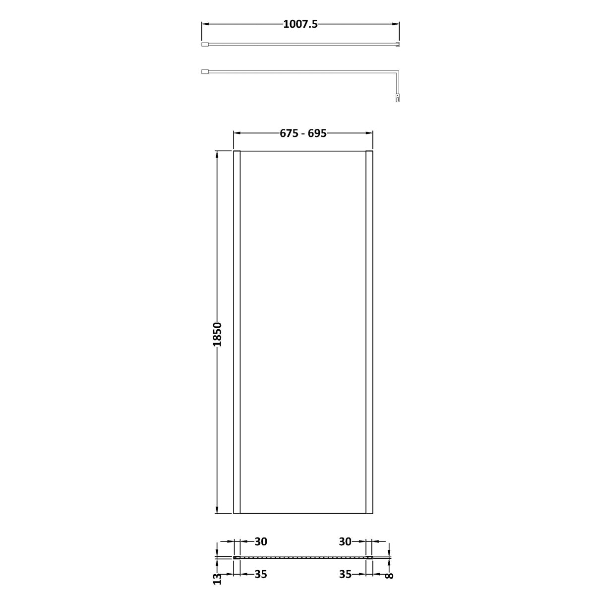 Fairford 700mm Matt Black Vertically Framed 8mm Wetroom Screen - 1850mm High