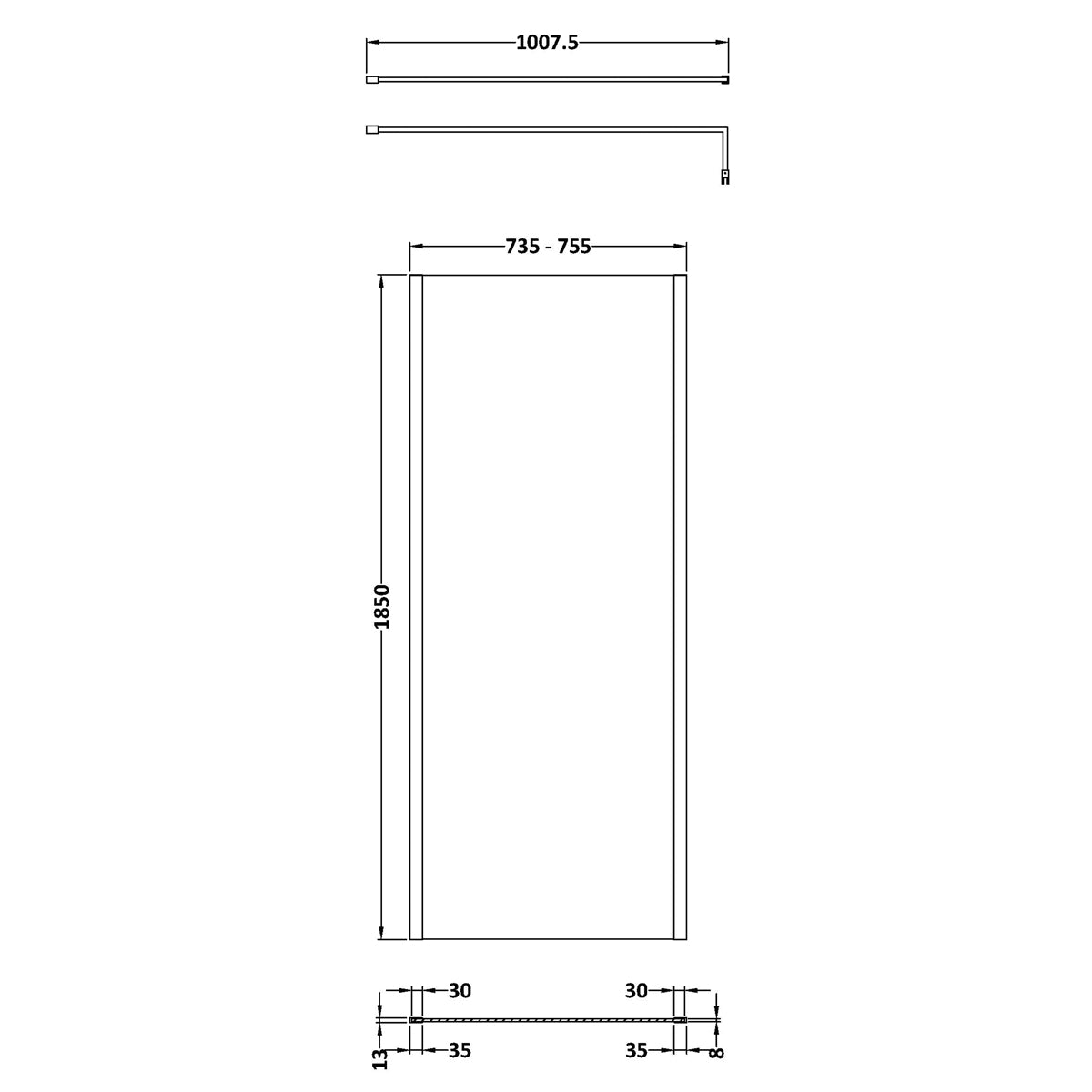 Fairford 760mm Matt Black Vertically Framed 8mm Wetroom Screen - 1850mm High