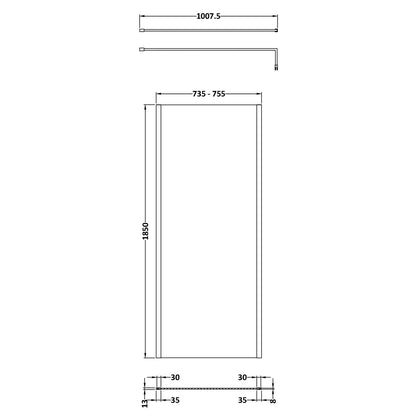 Fairford 760mm Matt Black Vertically Framed 8mm Wetroom Screen - 1850mm High