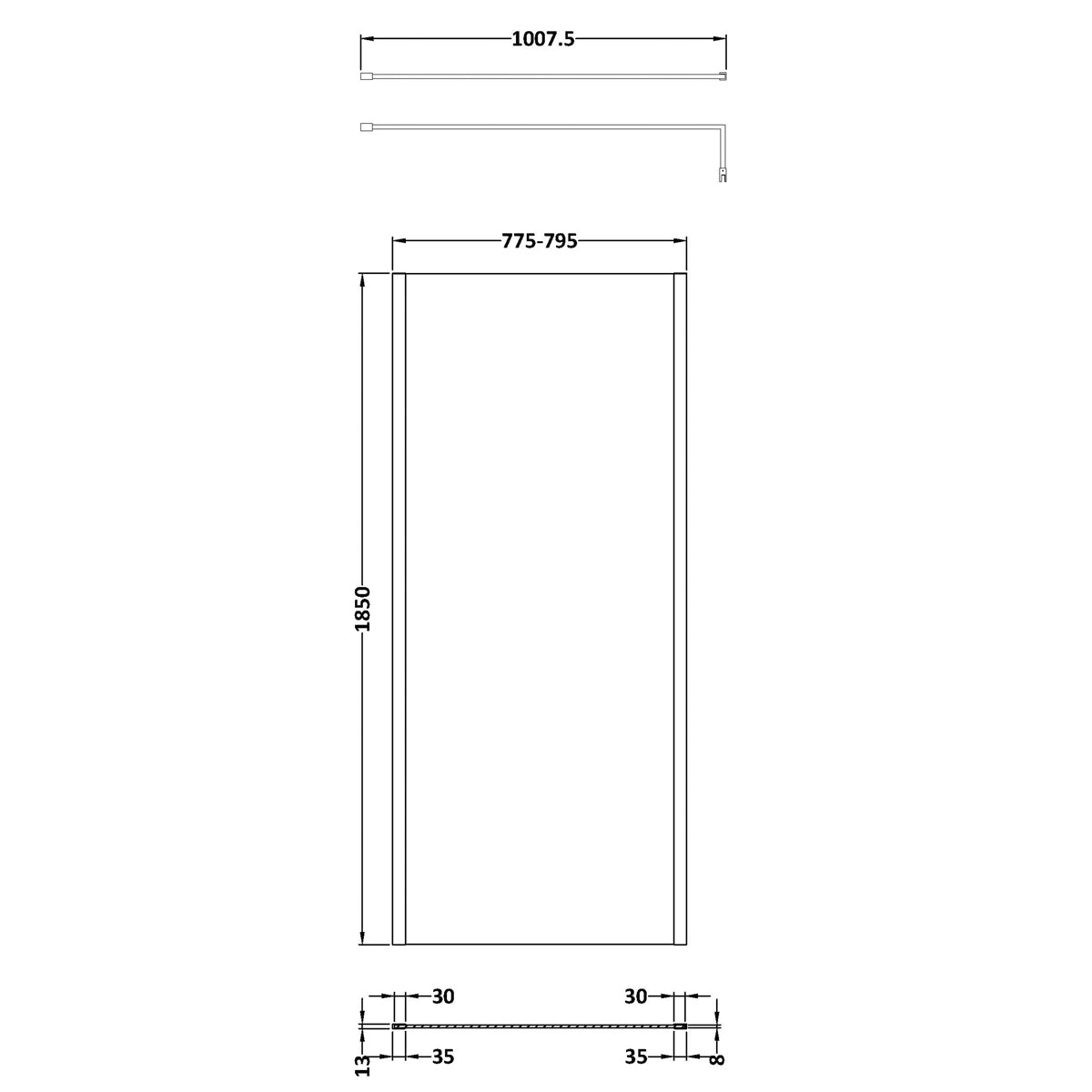 Fairford 800mm Matt Black Vertically Framed 8mm Wetroom Screen - 1850mm High
