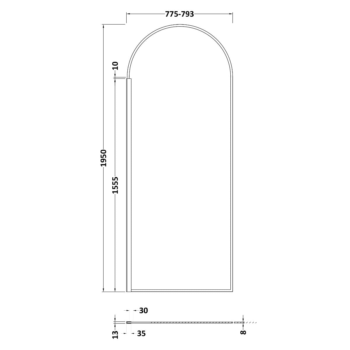 Fairford 800mm Matt Black Arched 8mm Wetroom Screen - 1950mm High