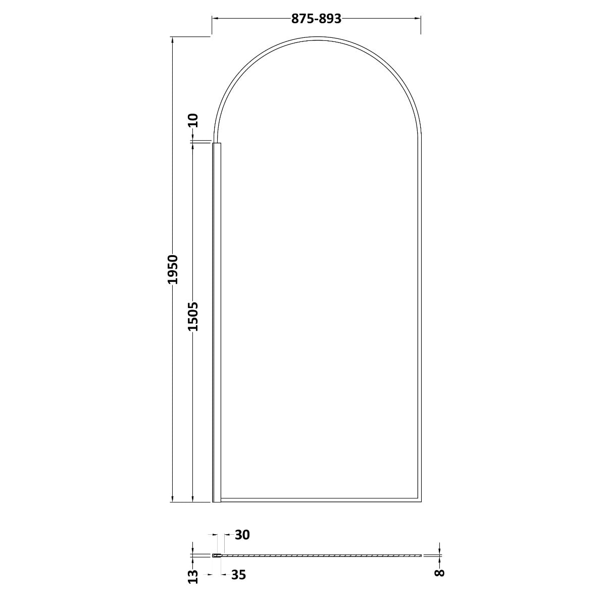 Fairford 900mm Matt Black Arched 8mm Wetroom Screen - 1950mm High