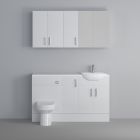 Fairford Connect Gloss White 1500mm Pack, Vanity, WC with Wall Cupboards and Mirror Cabinet. White worktop. Chrome Fittings
