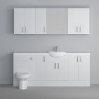 Fairford Connect Gloss White 2000mm Pack, Vanity, WC with Wall Cupboards and Mirror Cabinet. White worktop. Chrome Fittings