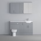 Fairford Connect Gloss Grey 1700mm Pack, Vanity, WC with Wall Cupboards and Mirror Cabinet. White worktop. Chrome Fittings